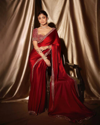 Red Satin Silk Saree With A Mirror And Embroidery Work Blouse