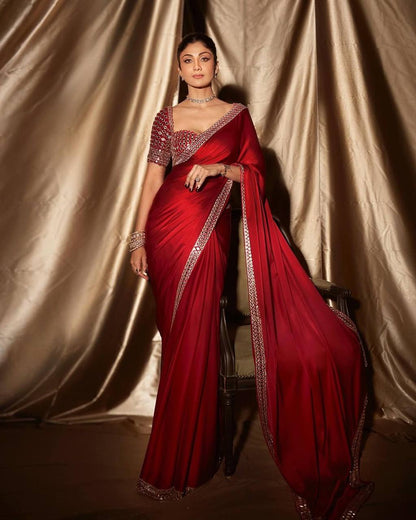 Red Satin Silk Saree With A Mirror And Embroidery Work Blouse