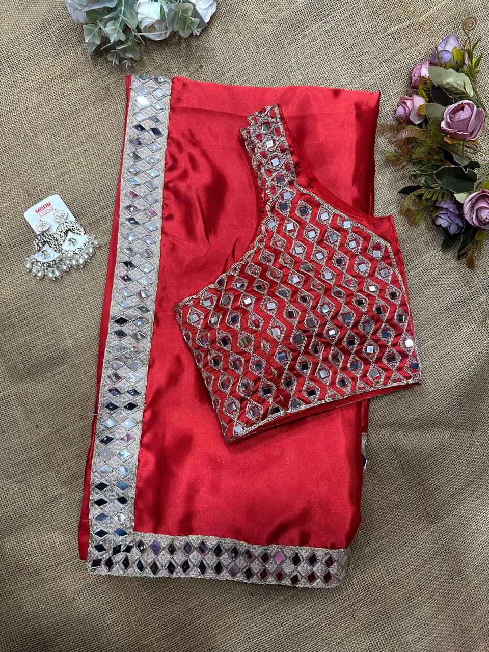 Red Satin Silk Saree With A Mirror And Embroidery Work Blouse