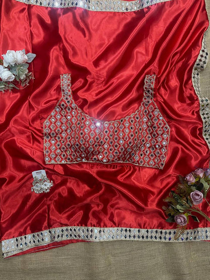 Red Satin Silk Saree With A Mirror And Embroidery Work Blouse