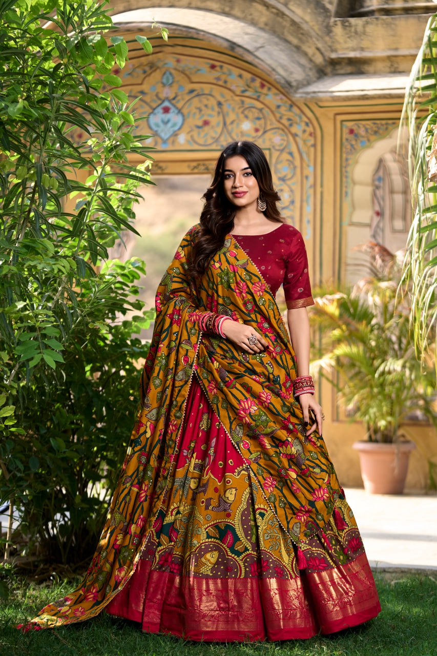 Red Tussar Silk Kalamkari Print Lehenga Choli with Gotta Patti Dupatta