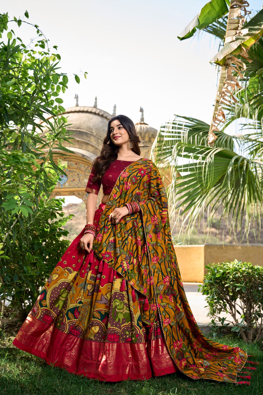 Red Tussar Silk Kalamkari Print Lehenga Choli with Gotta Patti Dupatta