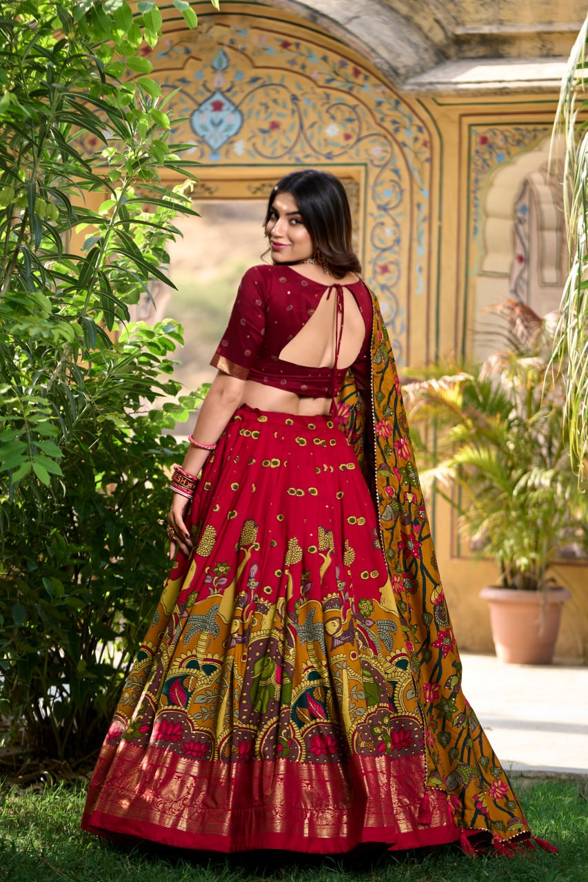 Red Tussar Silk Kalamkari Print Lehenga Choli with Gotta Patti Dupatta