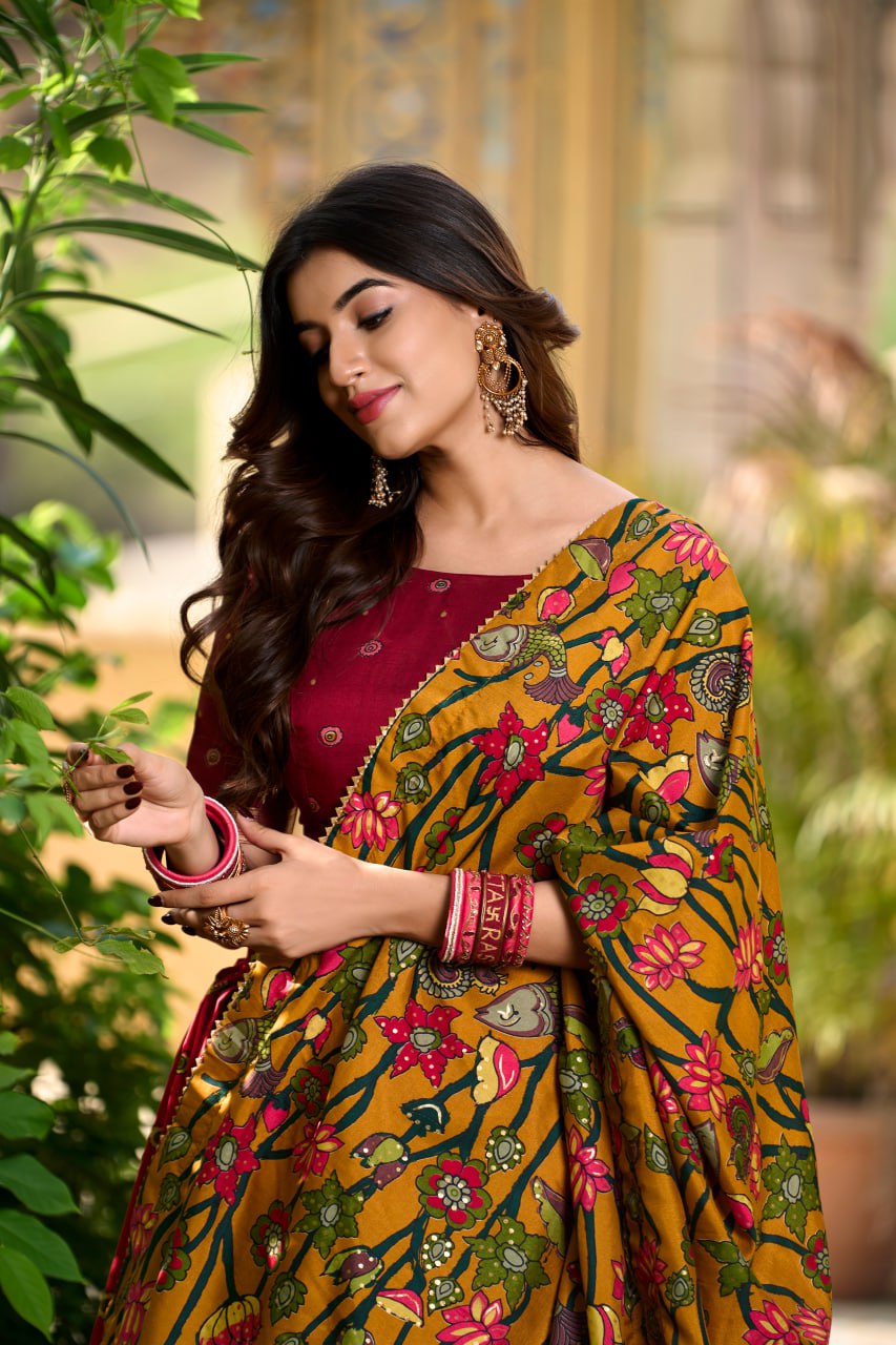 Red Tussar Silk Kalamkari Print Lehenga Choli with Gotta Patti Dupatta