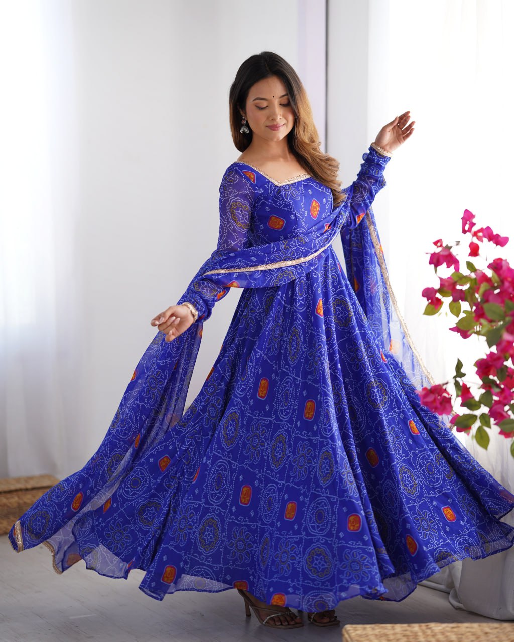 ROYAL BLUE Designer Pure Chiffon Bandhej Anarkali Gown Set with Dupatta