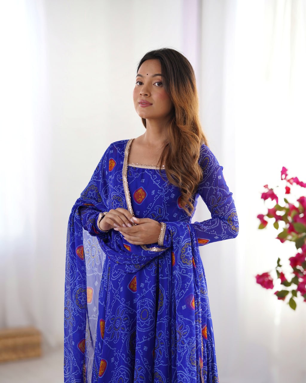 ROYAL BLUE Designer Pure Chiffon Bandhej Anarkali Gown Set with Dupatta