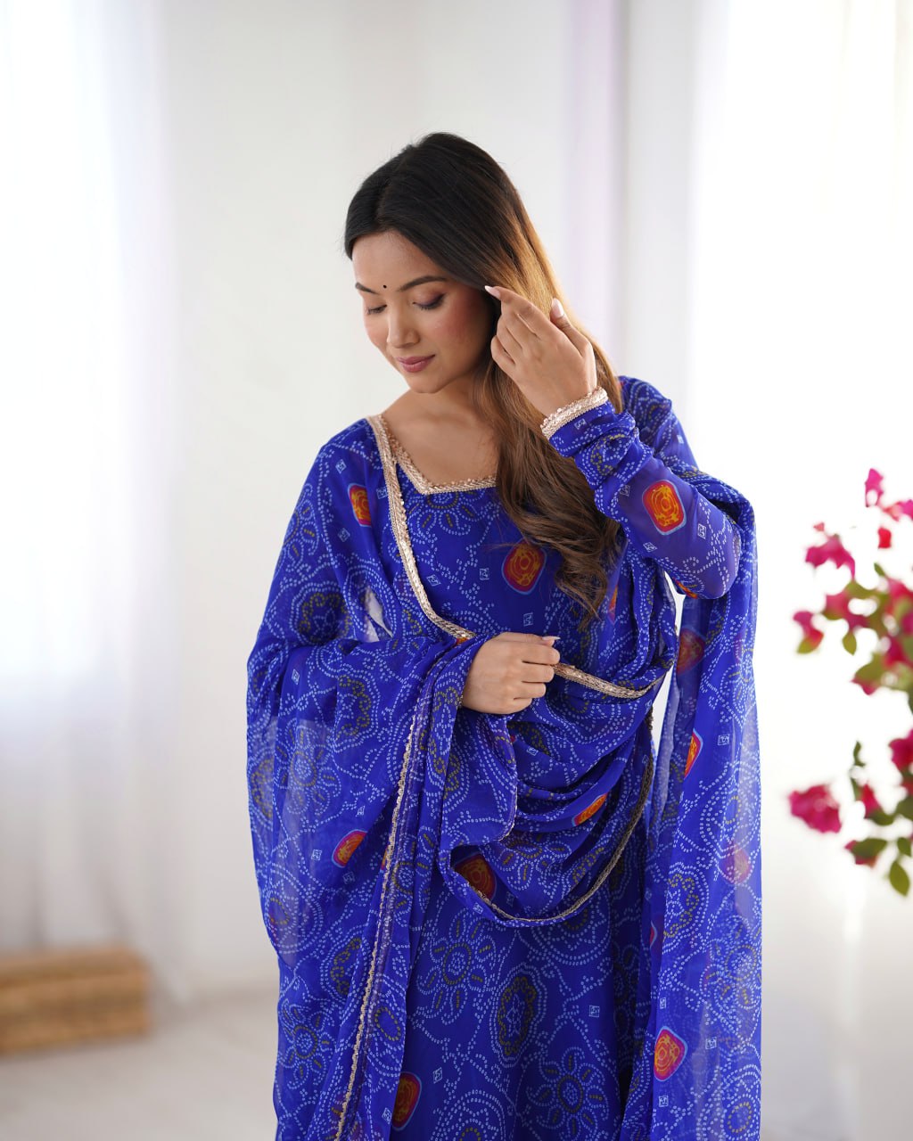 ROYAL BLUE Designer Pure Chiffon Bandhej Anarkali Gown Set with Dupatta