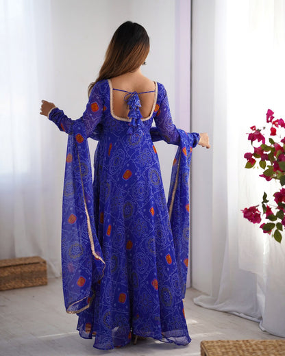 ROYAL BLUE Designer Pure Chiffon Bandhej Anarkali Gown Set with Dupatta