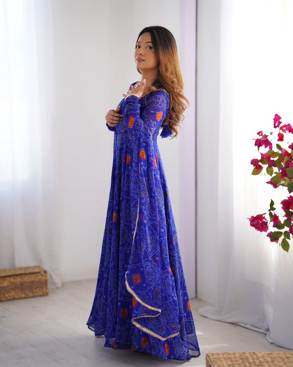 ROYAL BLUE Designer Pure Chiffon Bandhej Anarkali Gown Set with Dupatta