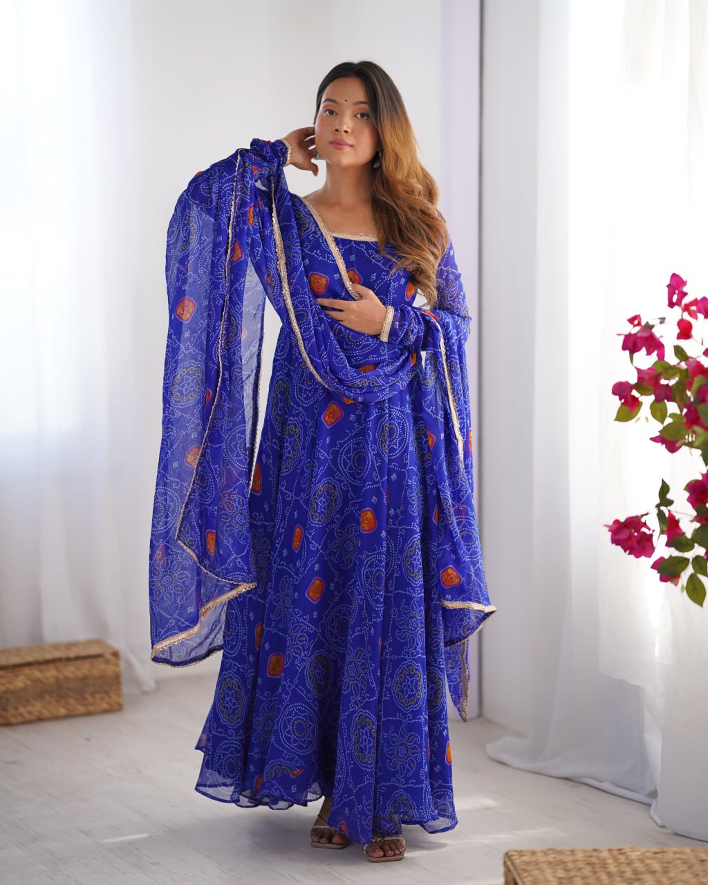 ROYAL BLUE Designer Pure Chiffon Bandhej Anarkali Gown Set with Dupatta