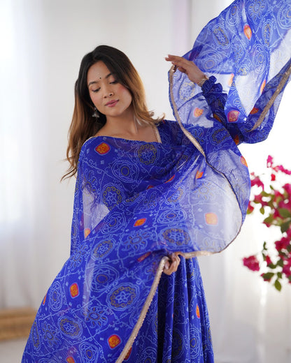 ROYAL BLUE Designer Pure Chiffon Bandhej Anarkali Gown Set with Dupatta