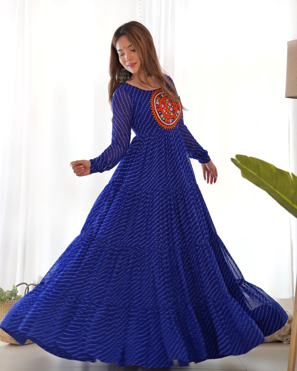 ROYAL BLUE Vibrant Laheriya Print Georgette Anarkali Gown Dress