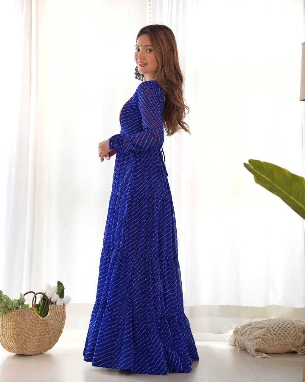 ROYAL BLUE Vibrant Laheriya Print Georgette Anarkali Gown Dress
