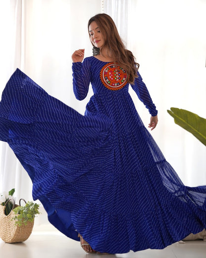 ROYAL BLUE Vibrant Laheriya Print Georgette Anarkali Gown Dress