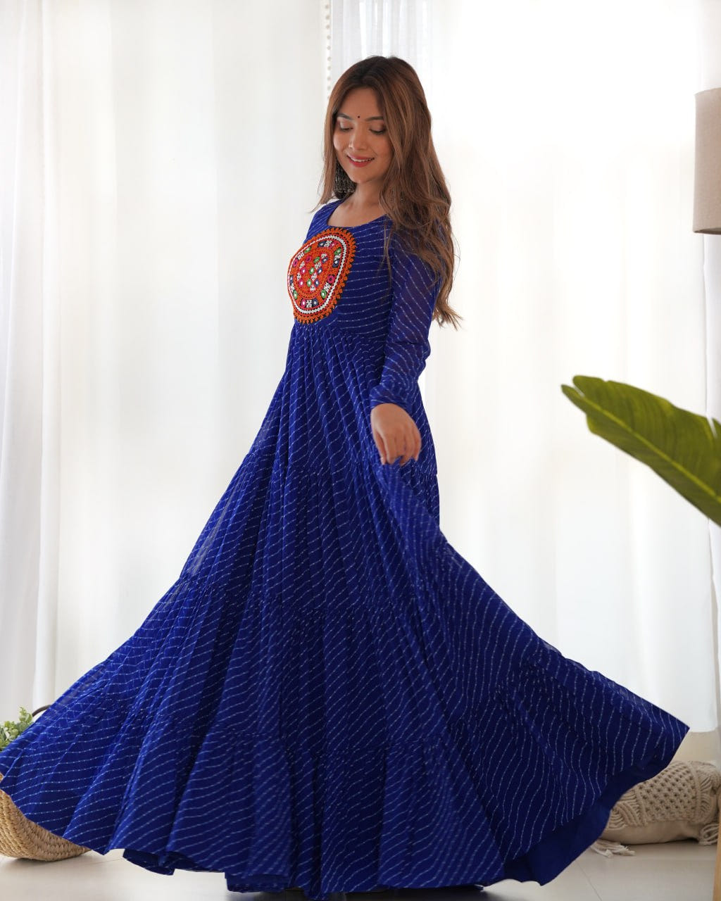 ROYAL BLUE Vibrant Laheriya Print Georgette Anarkali Gown Dress