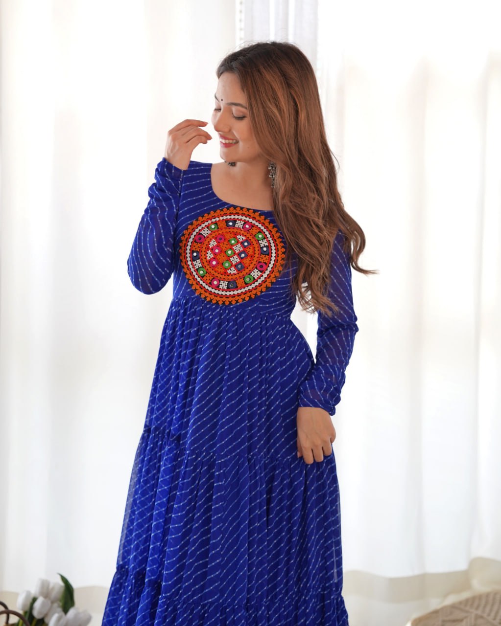 ROYAL BLUE Vibrant Laheriya Print Georgette Anarkali Gown Dress