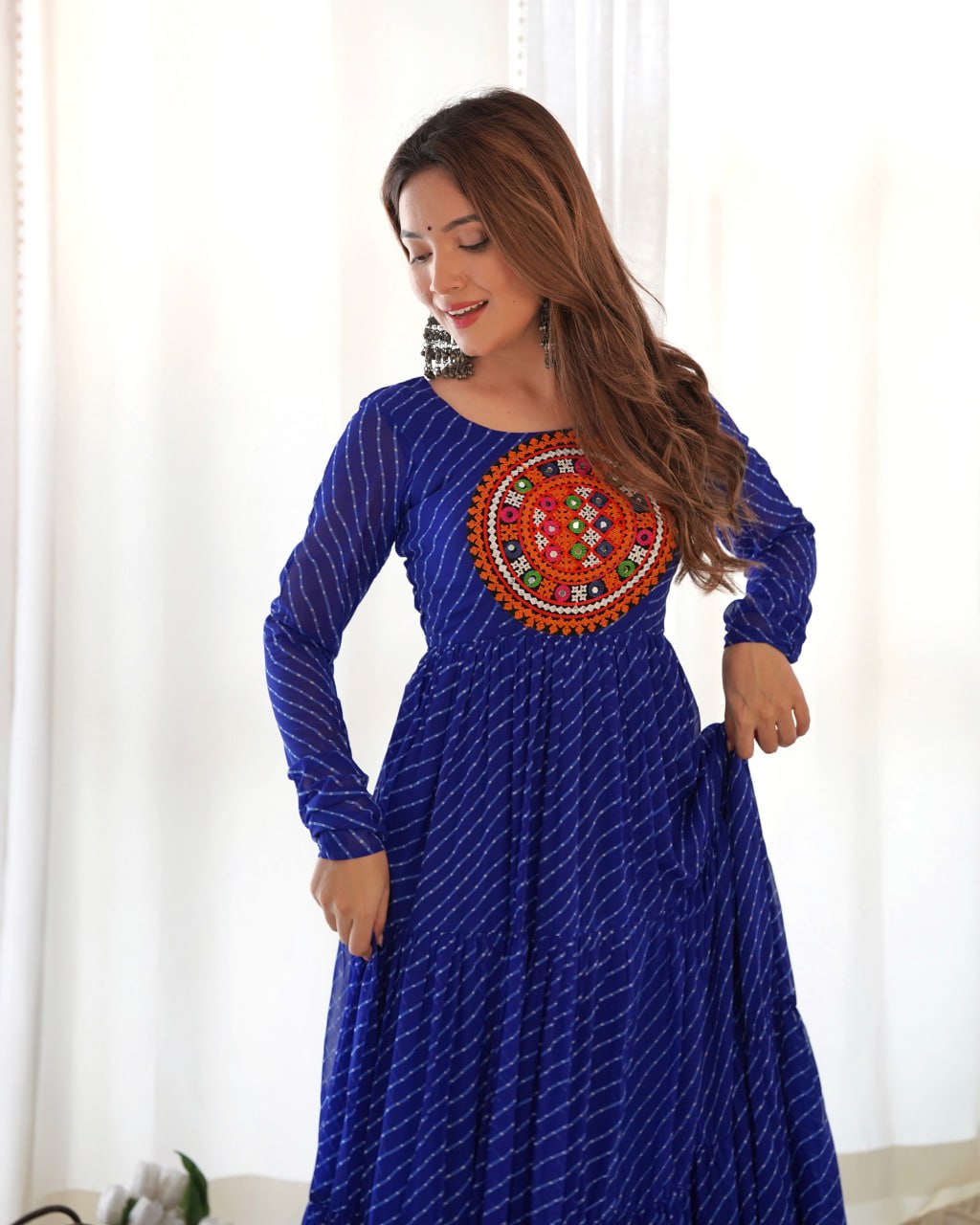 ROYAL BLUE Vibrant Laheriya Print Georgette Anarkali Gown Dress