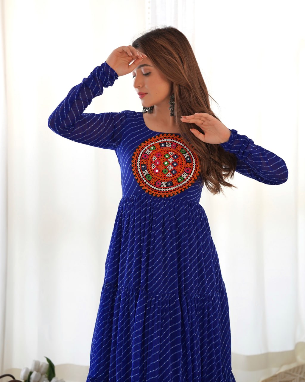 ROYAL BLUE Vibrant Laheriya Print Georgette Anarkali Gown Dress