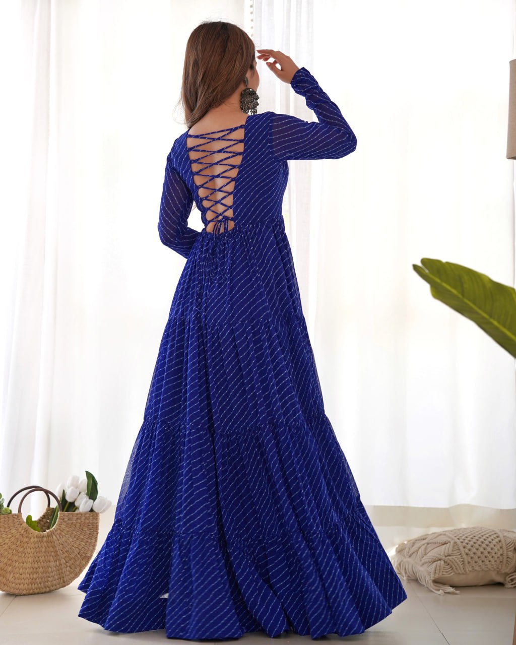 ROYAL BLUE Vibrant Laheriya Print Georgette Anarkali Gown Dress