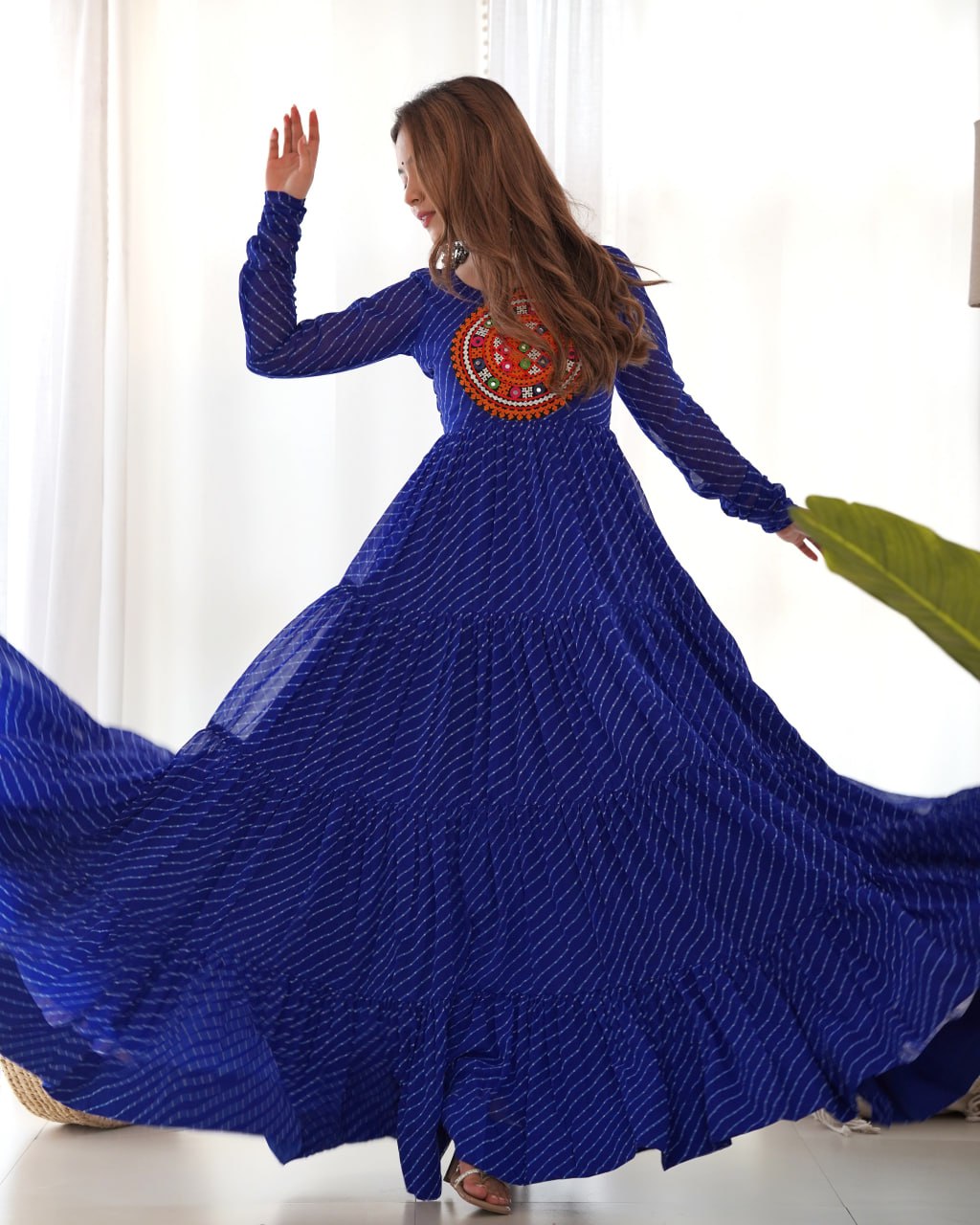 ROYAL BLUE Vibrant Laheriya Print Georgette Anarkali Gown Dress