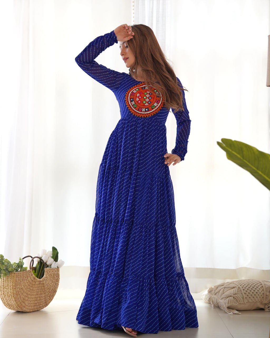 ROYAL BLUE Vibrant Laheriya Print Georgette Anarkali Gown Dress