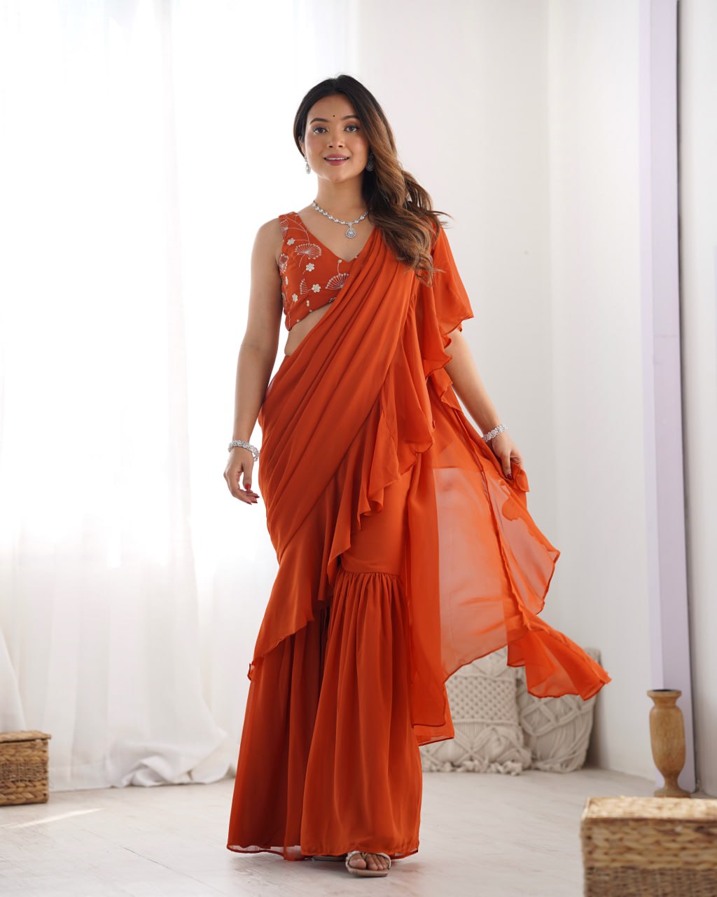 RUST Premium Fox Georgette Saree with Festive & Wedding Blouse 