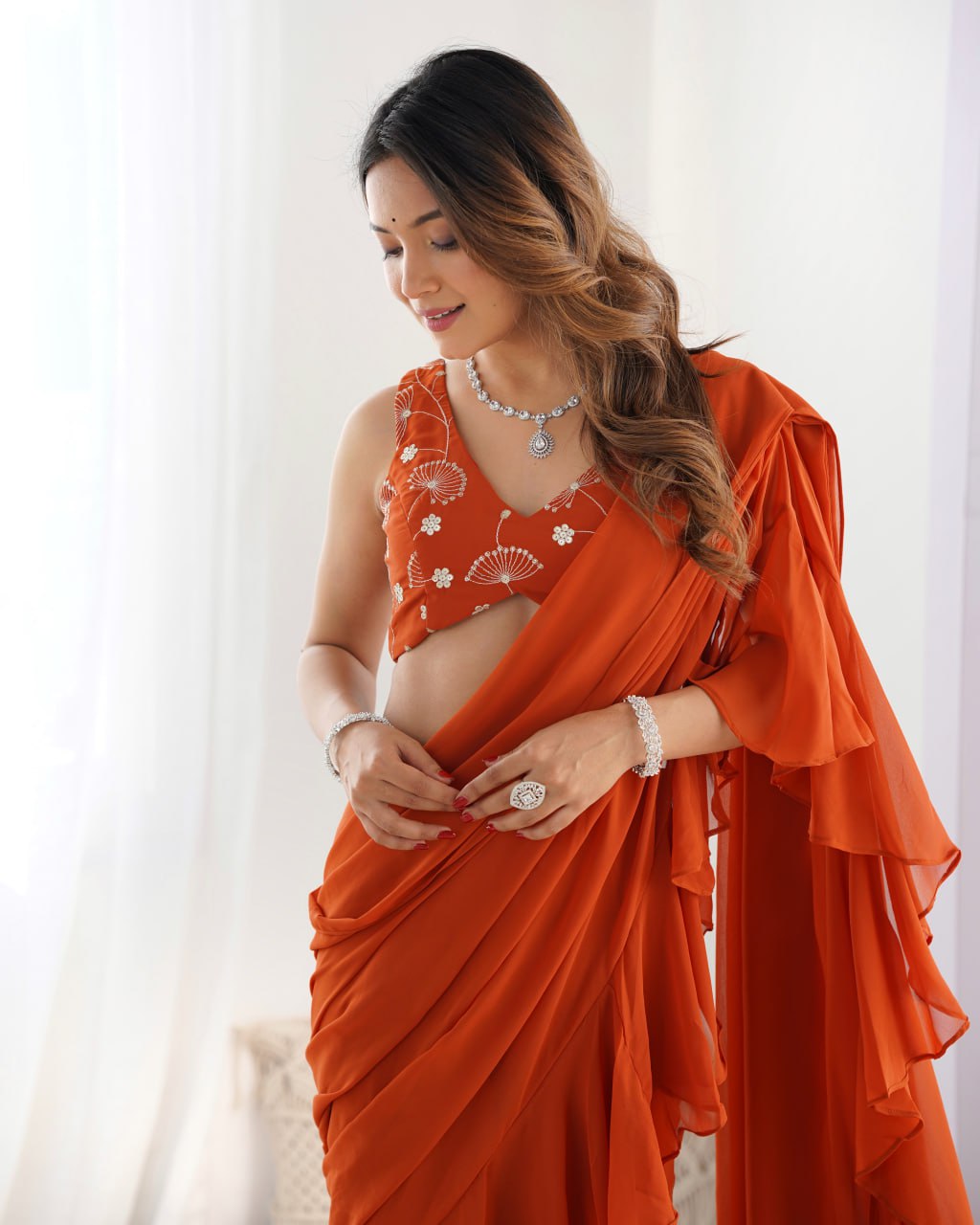 RUST Premium Fox Georgette Saree with Festive & Wedding Blouse 