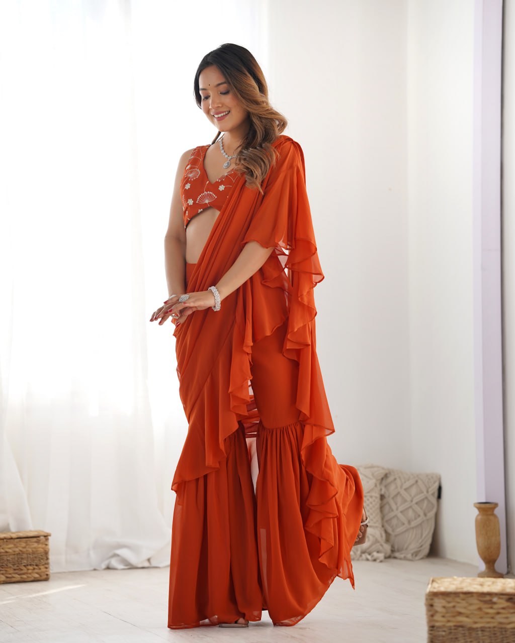RUST Premium Fox Georgette Saree with Festive & Wedding Blouse 