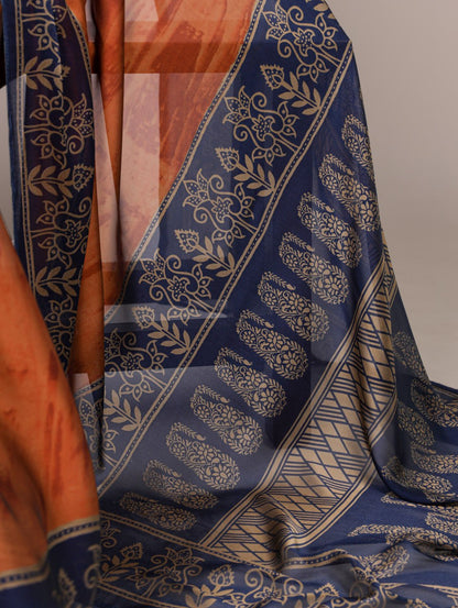 Rust Orange Rangoli Silk Printed Saree with Navy Blue Printed Blouse