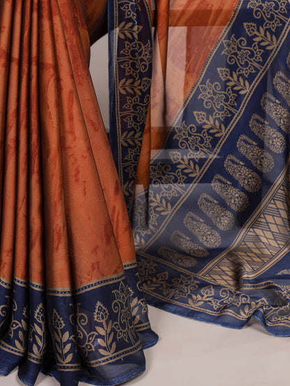Rust Orange Rangoli Silk Printed Saree with Navy Blue Printed Blouse