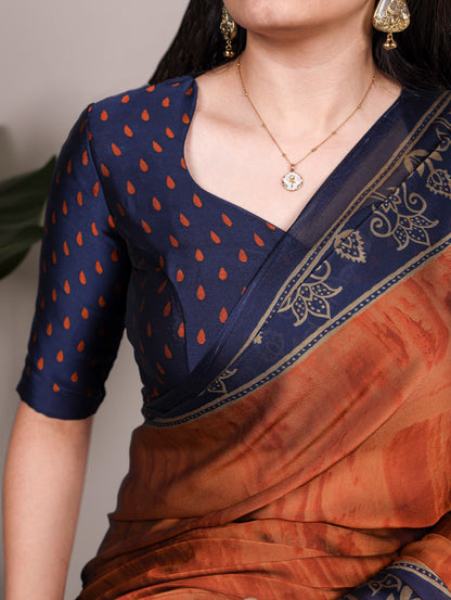 Rust Orange Rangoli Silk Printed Saree with Navy Blue Printed Blouse