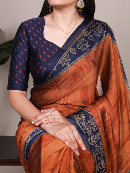 Rust Orange Rangoli Silk Printed Saree with Navy Blue Printed Blouse