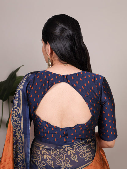 Rust Orange Rangoli Silk Printed Saree with Navy Blue Printed Blouse