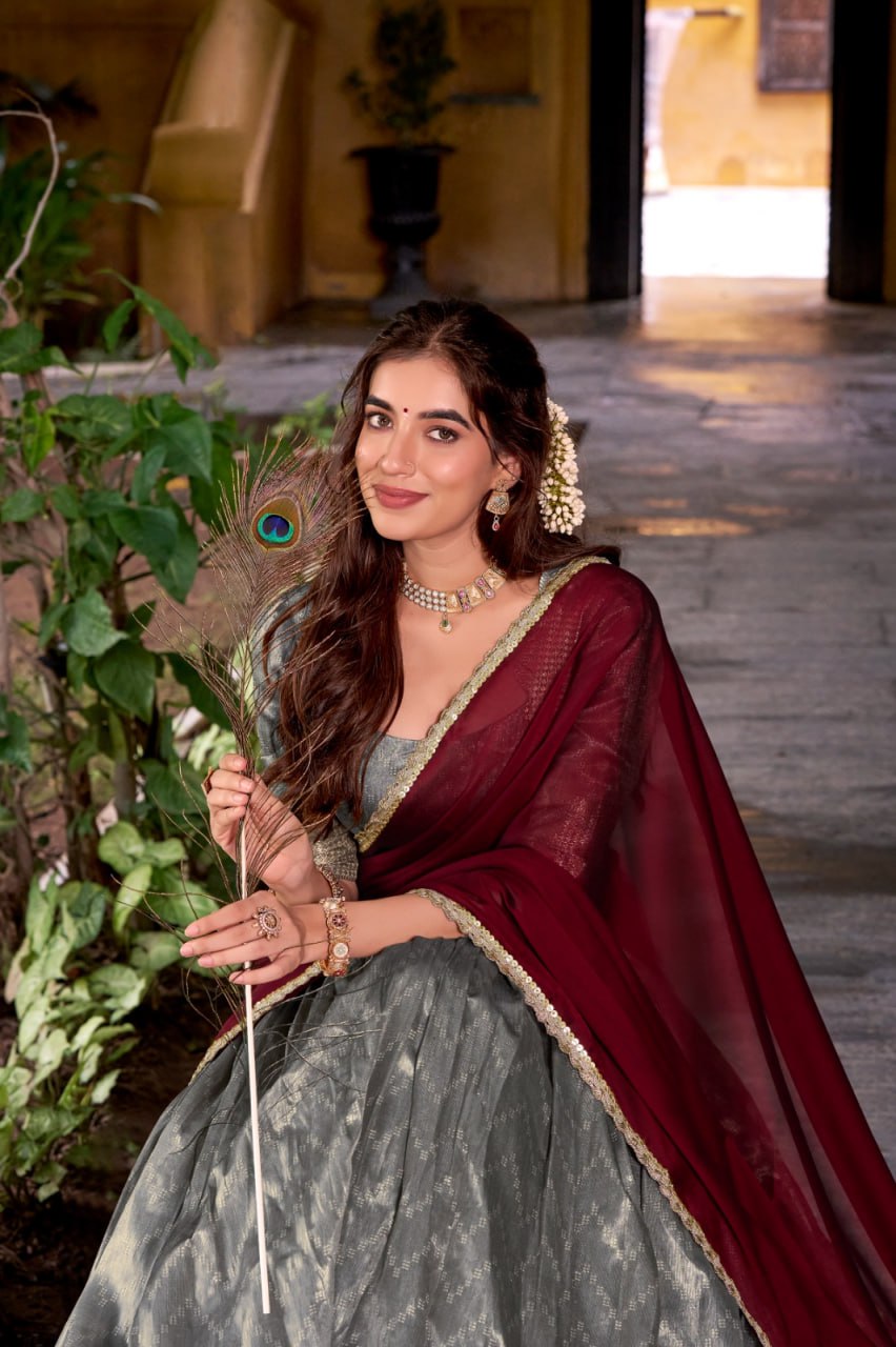 Sage Green Dupion Silk Zari Weaving Lehenga Choli Set with Red Dupatta 