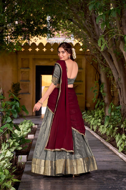 Sage Green Dupion Silk Zari Weaving Lehenga Choli Set with Red Dupatta 