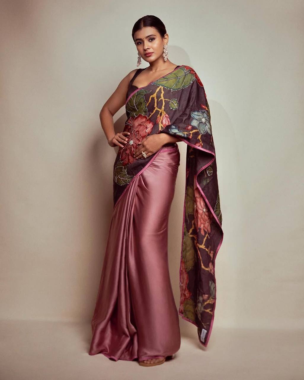 Sandrose Pink Satin Floral Digital Print Saree with Moti Handwork Pallu