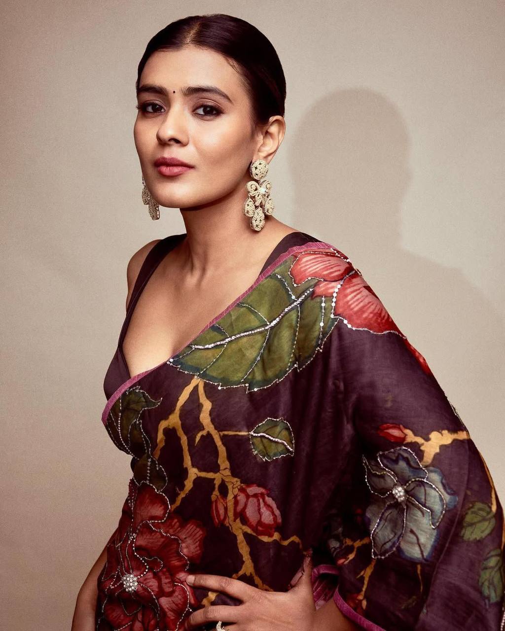 Sandrose Pink Satin Floral Digital Print Saree with Moti Handwork Pallu