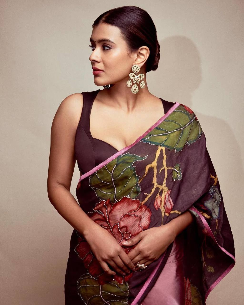 Sandrose Pink Satin Floral Digital Print Saree with Moti Handwork Pallu