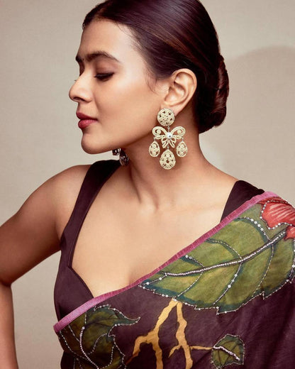 Sandrose Pink Satin Floral Digital Print Saree with Moti Handwork Pallu