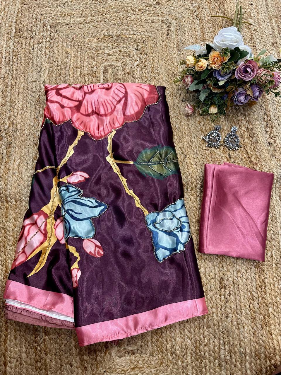 Sandrose Pink Satin Floral Digital Print Saree with Moti Handwork Pallu