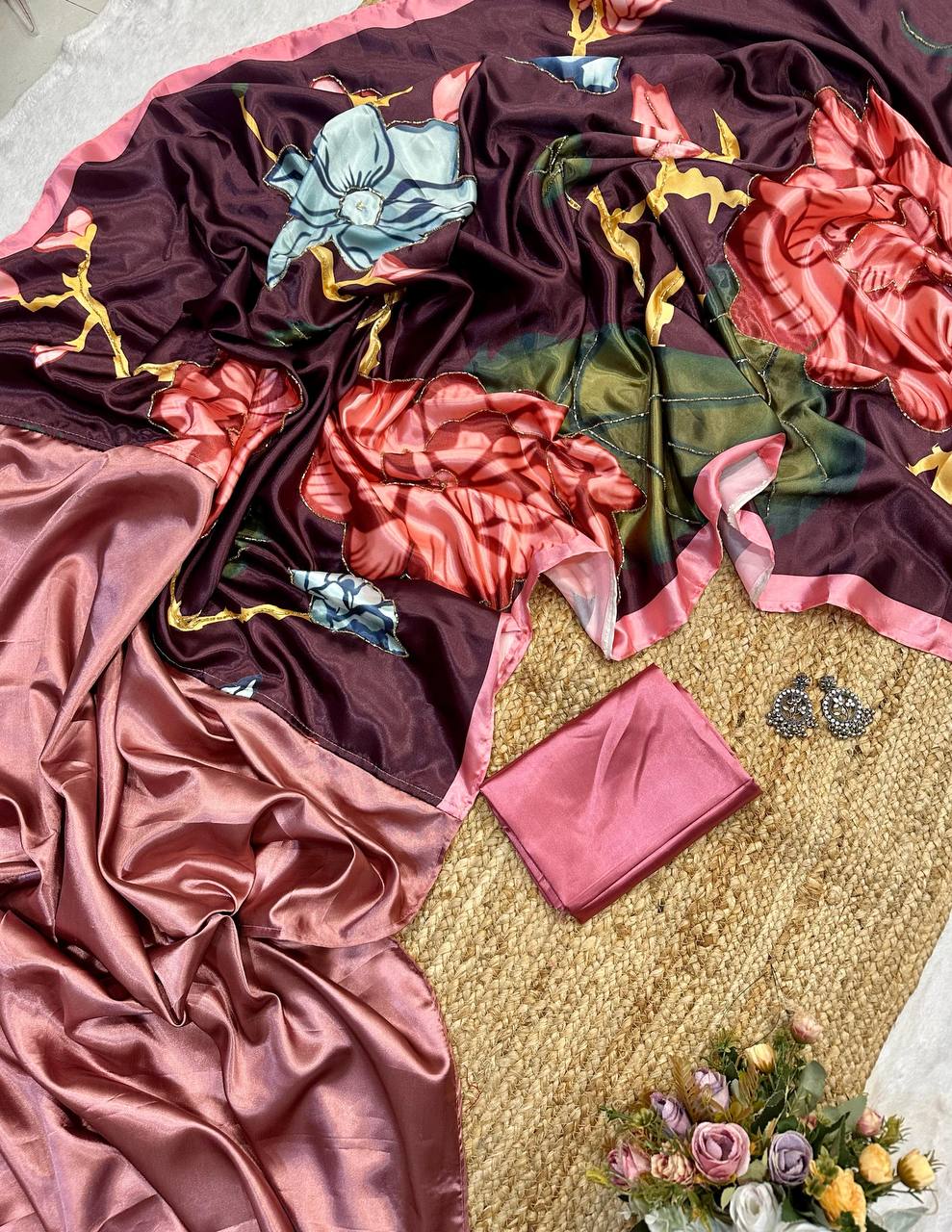 Sandrose Pink Sandrose Pink Satin Floral Digital Print Saree with Moti Handwork Pallu