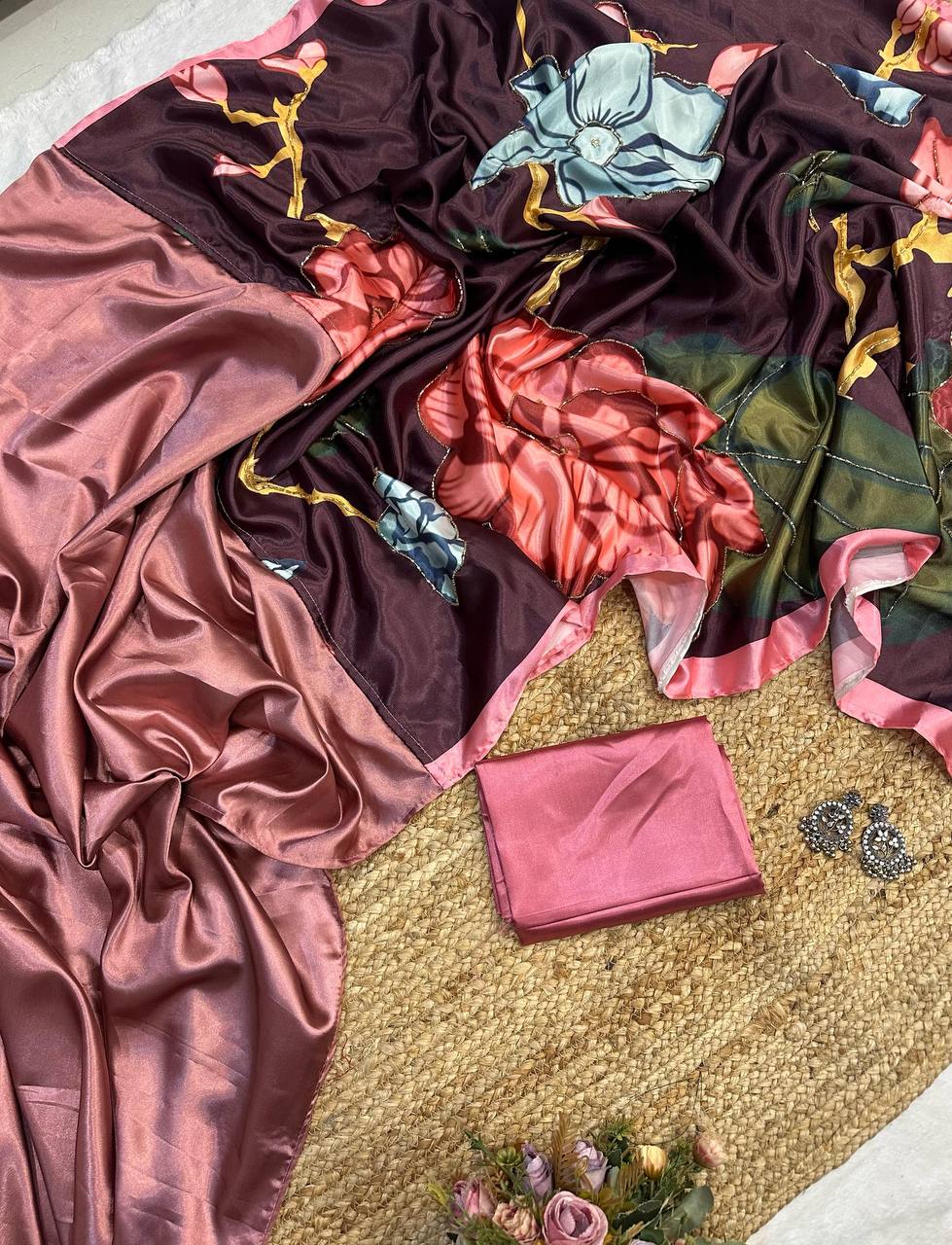 Sandrose Pink Satin Floral Digital Print Saree with Moti Handwork Pallu