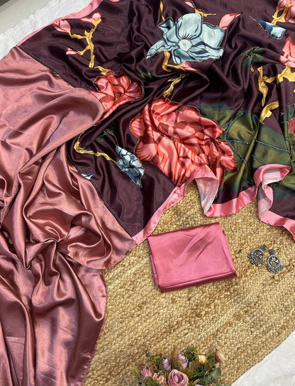 Sandrose Pink Satin Floral Digital Print Saree with Moti Handwork Pallu