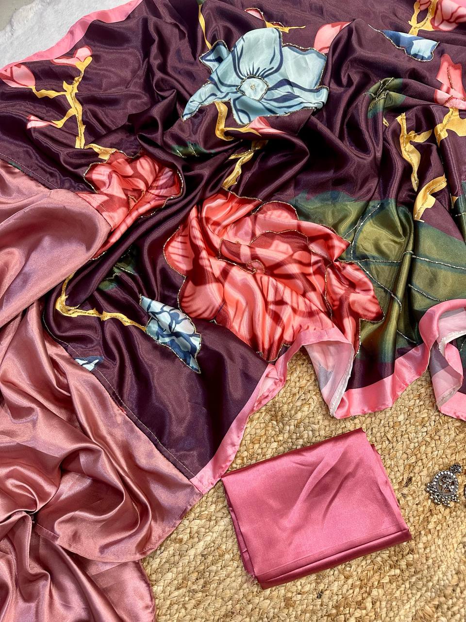 Sandrose Pink Satin Floral Digital Print Saree with Moti Handwork Pallu