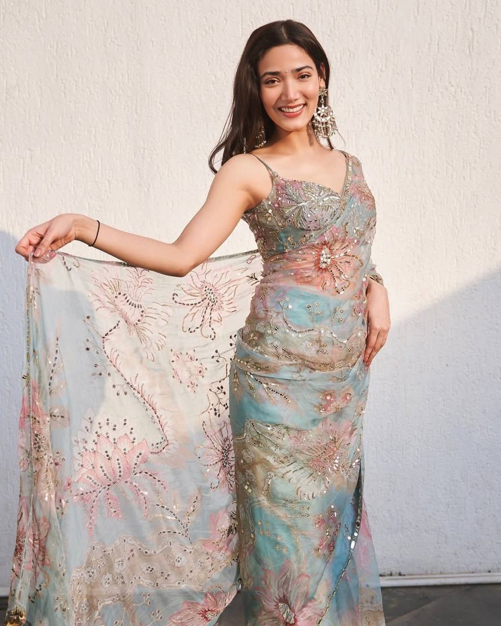 Sea Blue Tebby Silk Digital Printed Saree with Embroidery & Designer Blouse