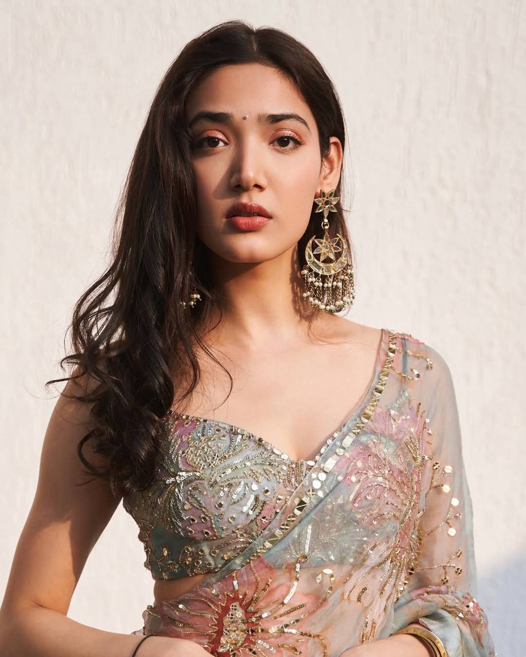 Sea Blue Tebby Silk Digital Printed Saree with Embroidery & Designer Blouse