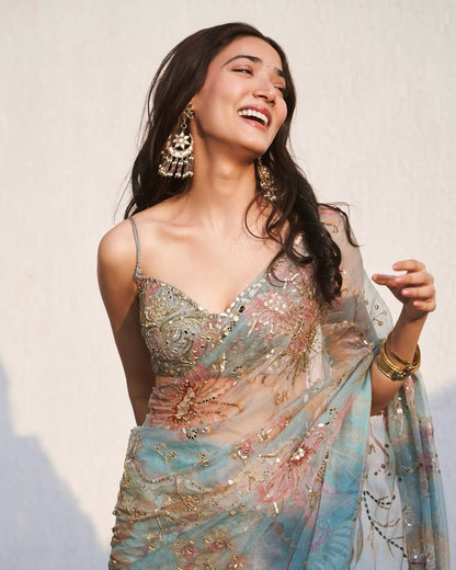 Sea Blue Tebby Silk Digital Printed Saree with Embroidery & Designer Blouse