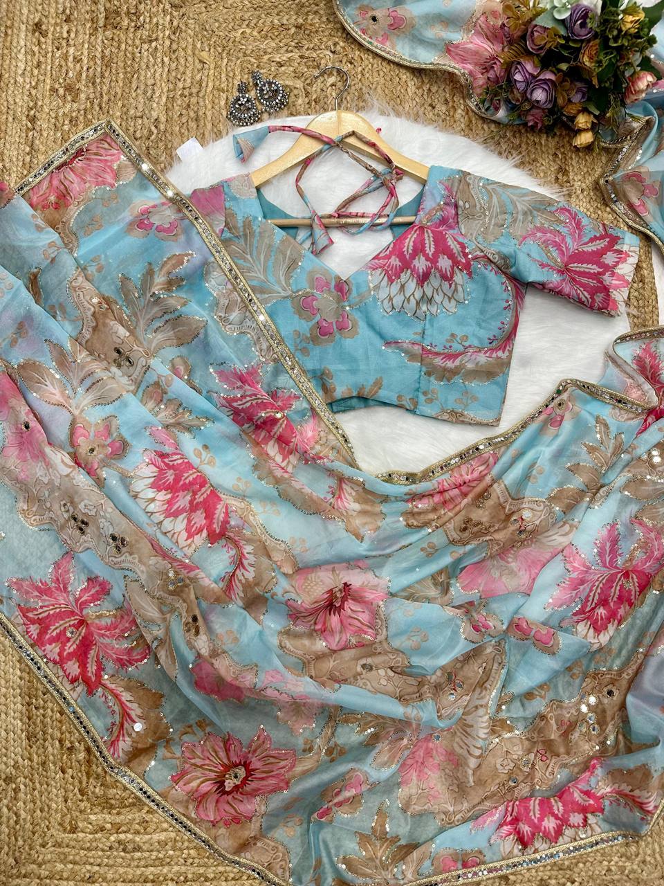 Sea Blue Tebby Silk Digital Printed Saree with Embroidery & Designer Blouse