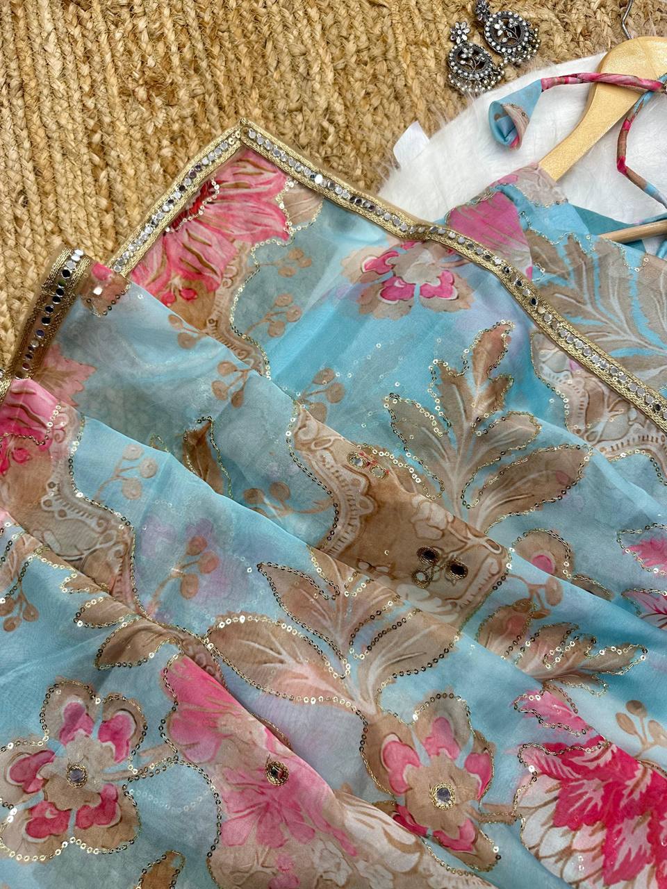 Sea Blue Tebby Silk Digital Printed Saree with Embroidery & Designer Blouse