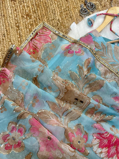 Sea Blue Tebby Silk Digital Printed Saree with Embroidery & Designer Blouse